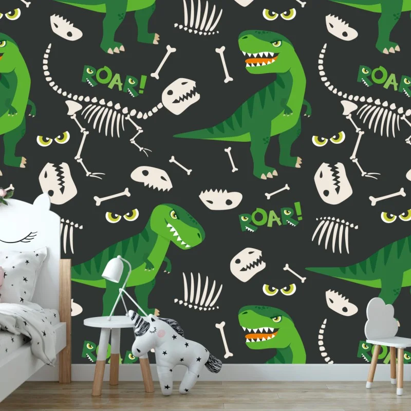 Wall mural playful green t-rex pattern