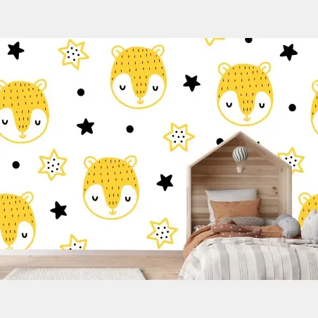 Wall mural cute yellow animal faces nursery pattern • Wallissimo®