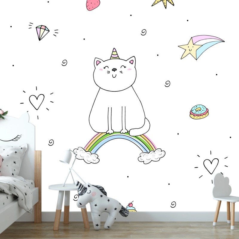 Wall mural pastel unicorn cat and rainbow pattern