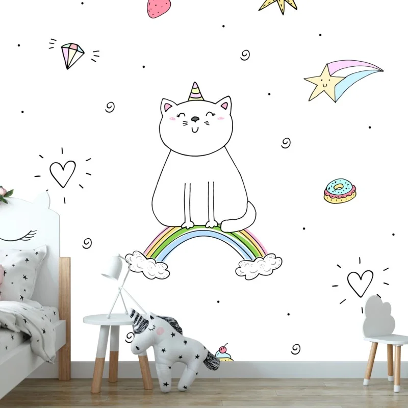 Wall mural pastel unicorn cat and rainbow pattern