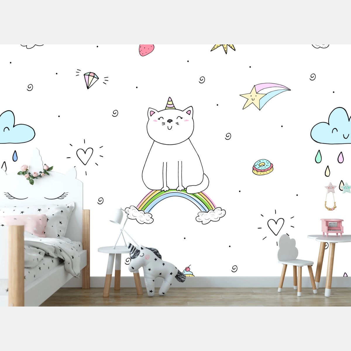 Wall mural pastel unicorn cat and rainbow pattern • Wallissimo®