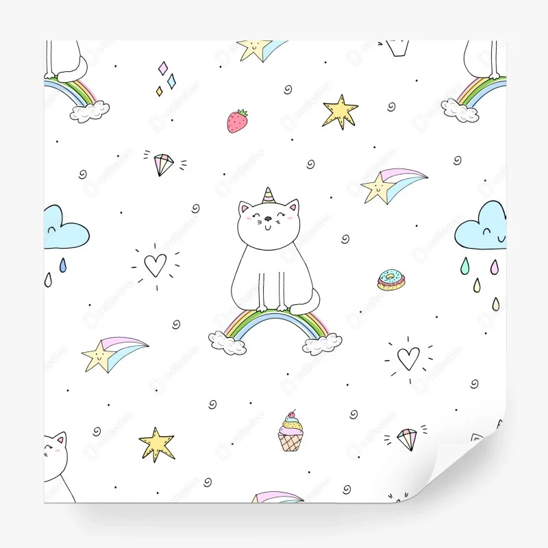 Wall mural pastel unicorn cat and rainbow pattern