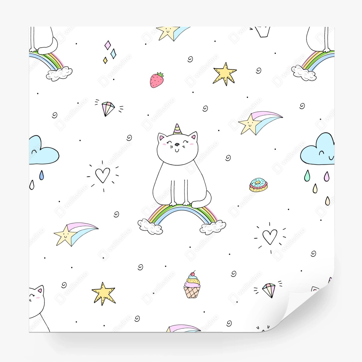 Wall mural pastel unicorn cat and rainbow pattern • Wallissimo®