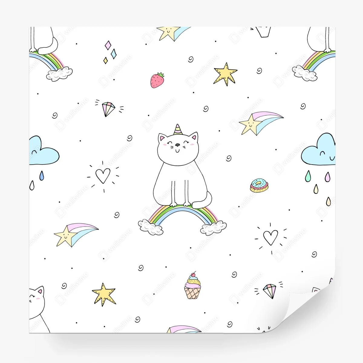 Wall mural pastel unicorn cat and rainbow pattern ⁕ Wallissimo® Wall mural pastel unicorn cat and rainbow pattern ⁕ Wallissimo®