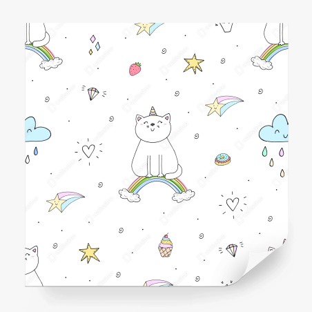 Wall mural pastel unicorn cat and rainbow pattern • Wallissimo®