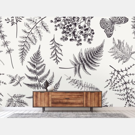 Wall mural monochrome botanical leaves pattern • Wallissimo®