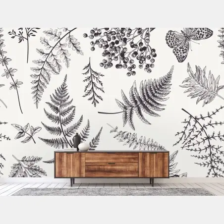 Wall mural monochrome botanical leaves pattern • Wallissimo®