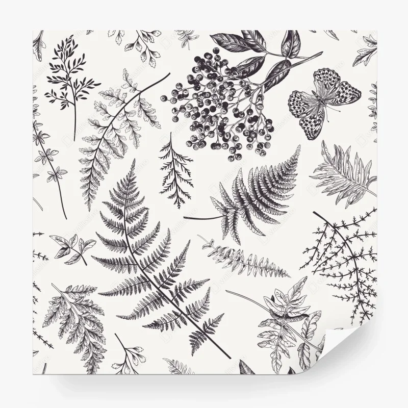 Wall mural monochrome botanical leaves pattern