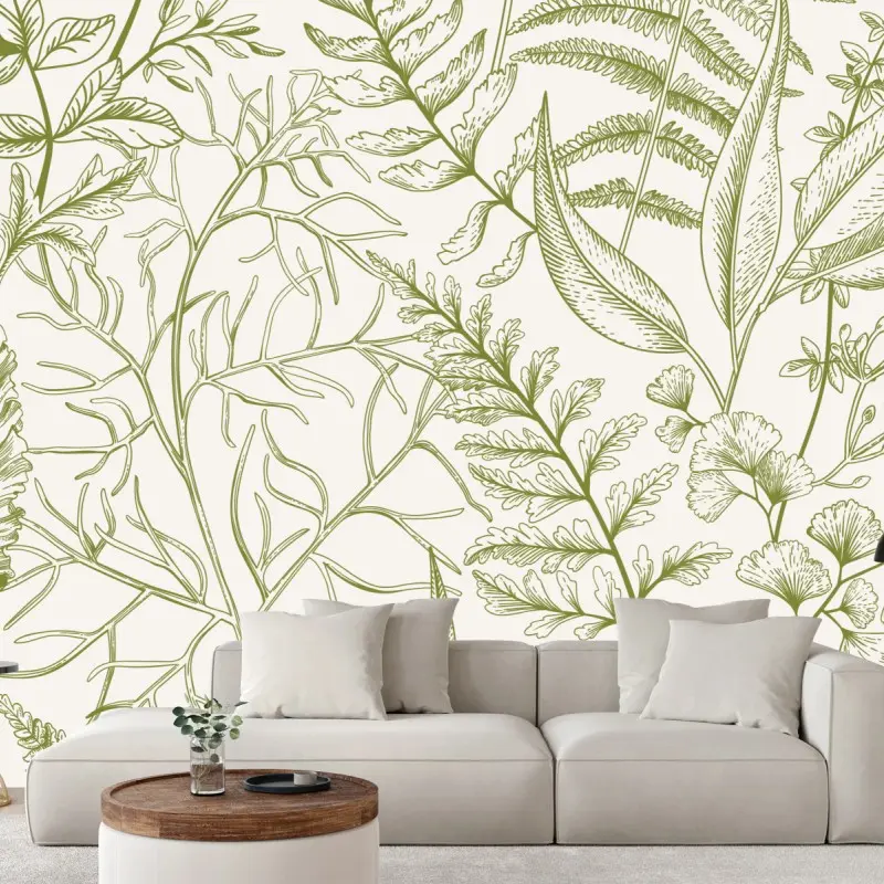 Wall mural hand-drawn green botanical leaves