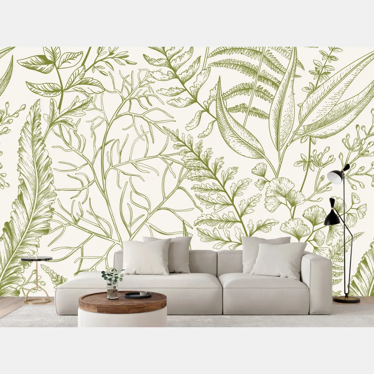 Wall mural hand-drawn green botanical leaves • Wallissimo®