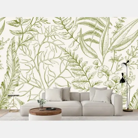 Wall mural hand-drawn green botanical leaves • Wallissimo®