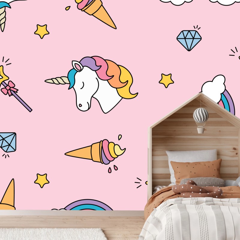 Wall mural pastel unicorns and rainbows pattern