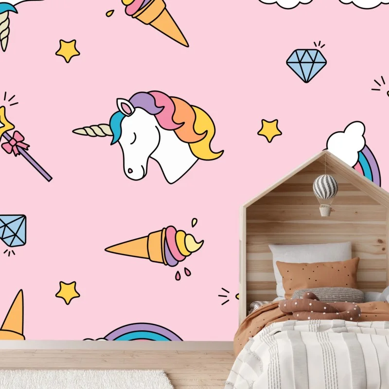 Wall mural pastel unicorns and rainbows pattern