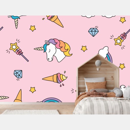 Wall mural pastel unicorns and rainbows pattern • Wallissimo®