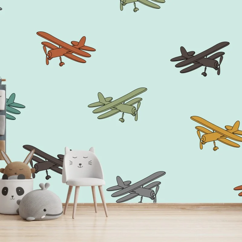 Wall mural vintage biplane pattern on turquoise background