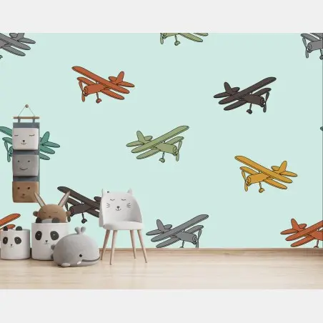 Wall mural vintage biplane pattern on turquoise background • Wallissimo®