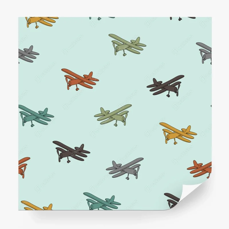 Wall mural vintage biplane pattern on turquoise background