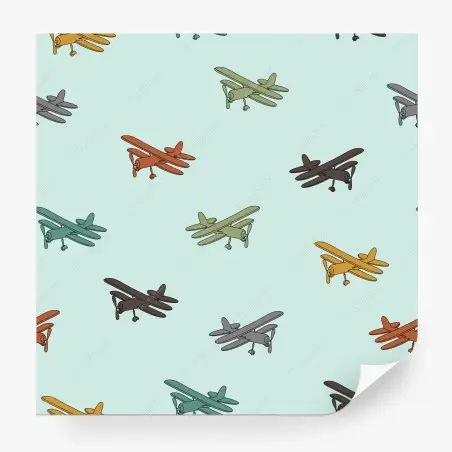 Wall mural vintage biplane pattern on turquoise background • Wallissimo®