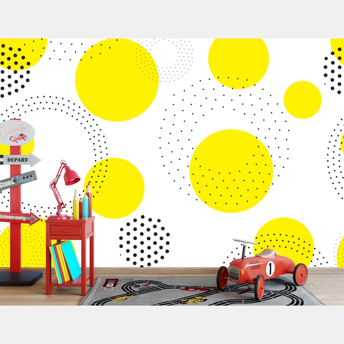 Wall mural bright yellow polka dot pattern wall art • Wallissimo®