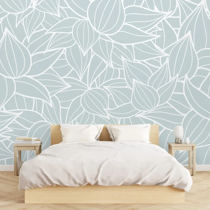 Wall mural soft turquoise leaf pattern