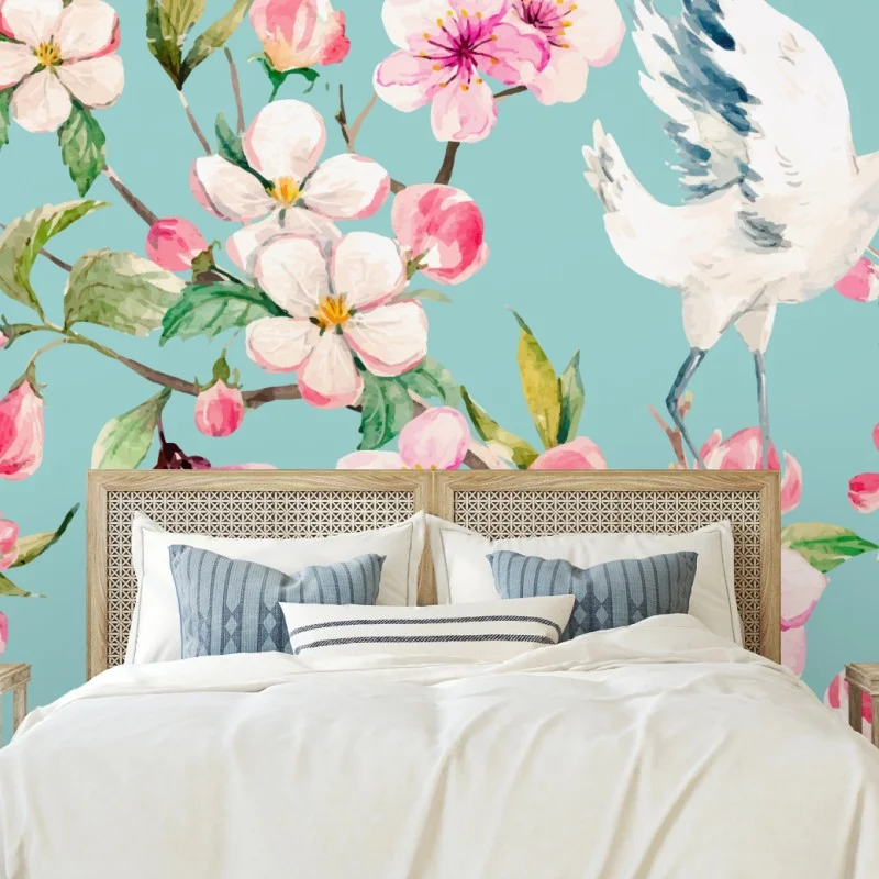 Wall mural turquoise cherry blossom and crane pattern