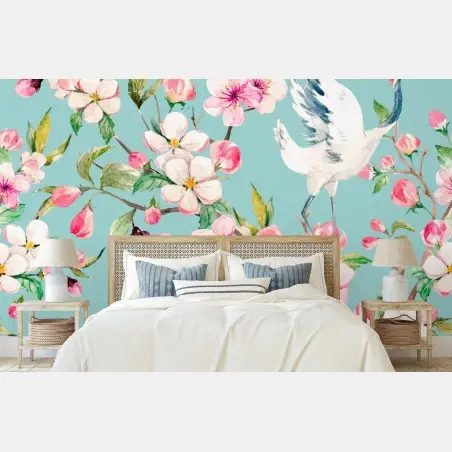 Wall mural turquoise cherry blossom and crane pattern • Wallissimo®