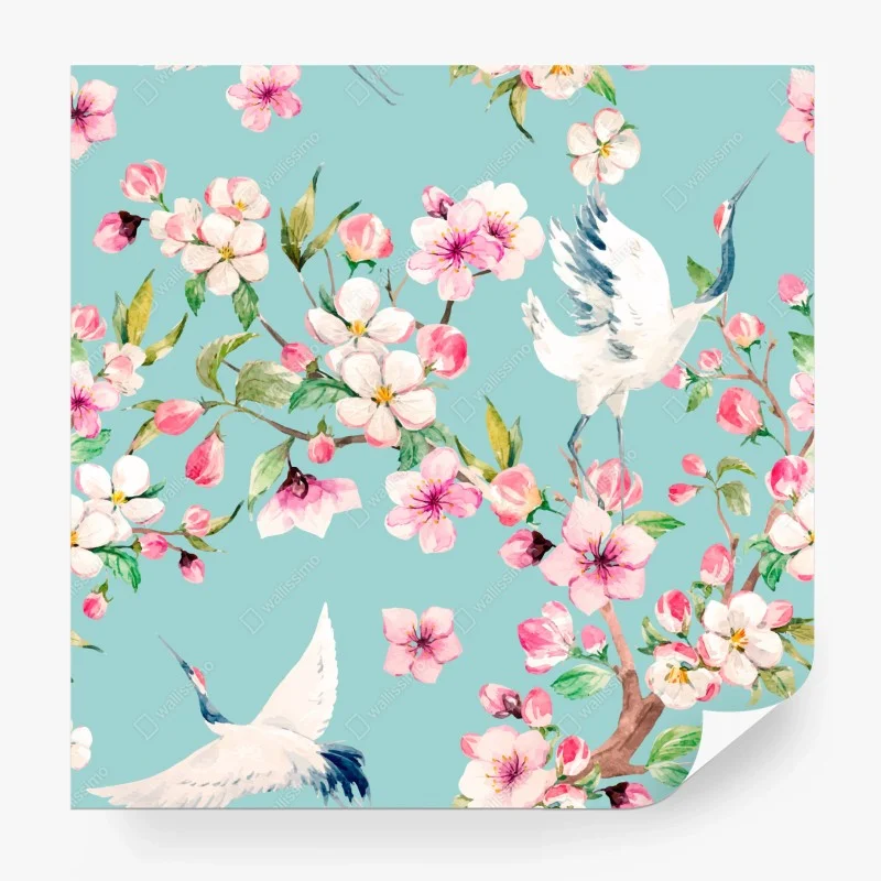 Wall mural turquoise cherry blossom and crane pattern