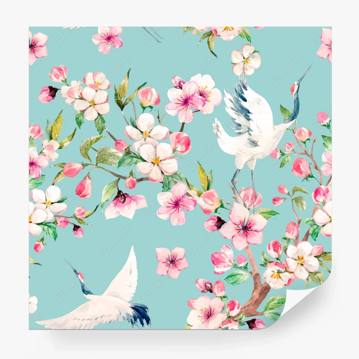 Wall mural turquoise cherry blossom and crane pattern ⁕ Wallissimo®