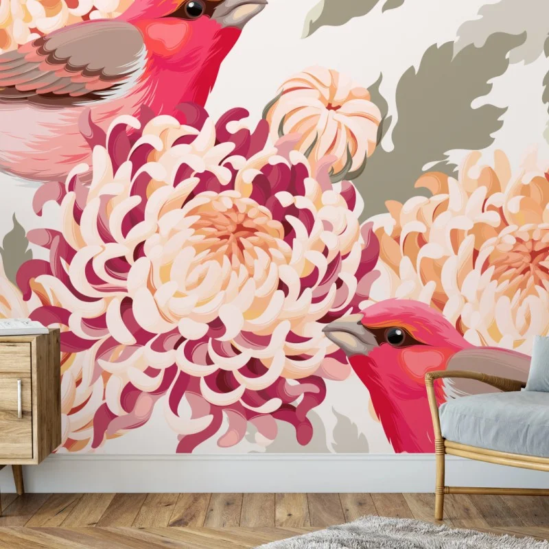Wall mural pink birds and chrysanthemum floral pattern