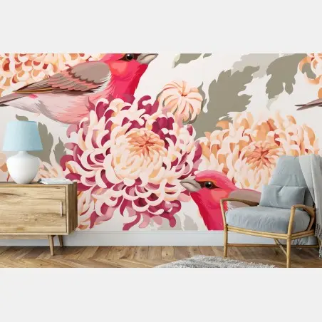 Wall mural pink birds and chrysanthemum floral pattern • Wallissimo®