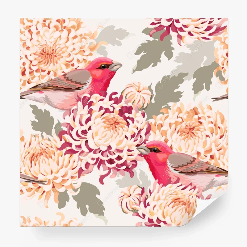 Wall mural pink birds and chrysanthemum floral pattern