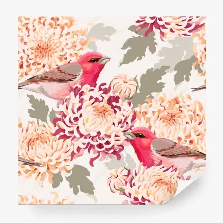 Wall mural pink birds and chrysanthemum floral pattern • Wallissimo®