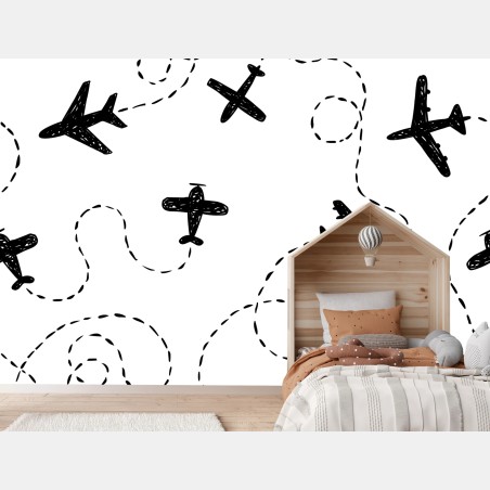 Wall mural hand-drawn airplane seamless pattern • Wallissimo®