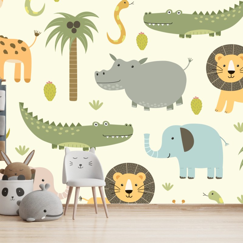 Wall mural pastel safari animals pattern