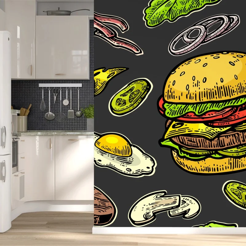 Wall mural colorful burger ingredients pattern