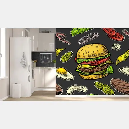 Wall mural colorful burger ingredients pattern • Wallissimo®