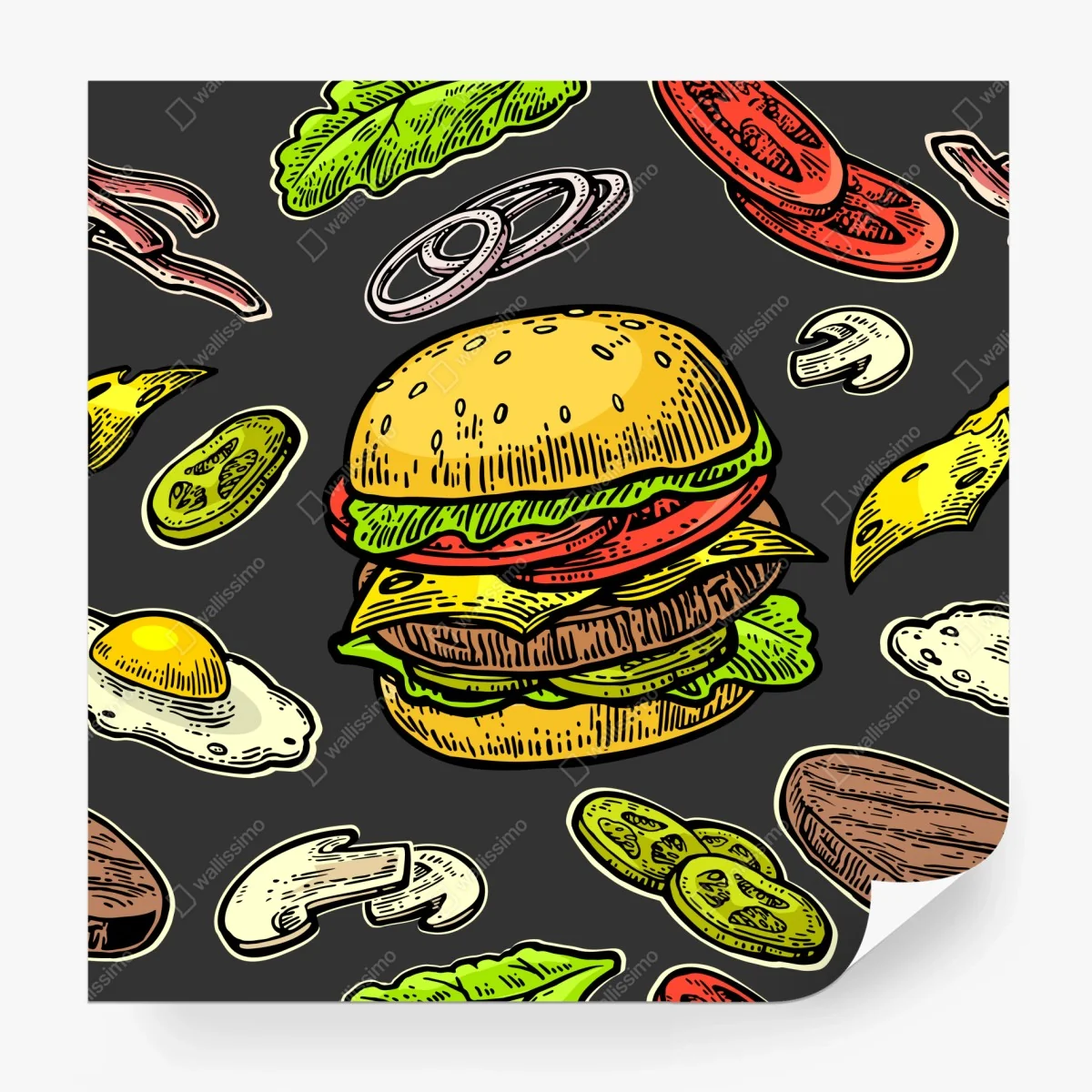 Wall mural colorful burger ingredients pattern ⁕ Wallissimo® Wall mural colorful burger ingredients pattern ⁕ Wallissimo®