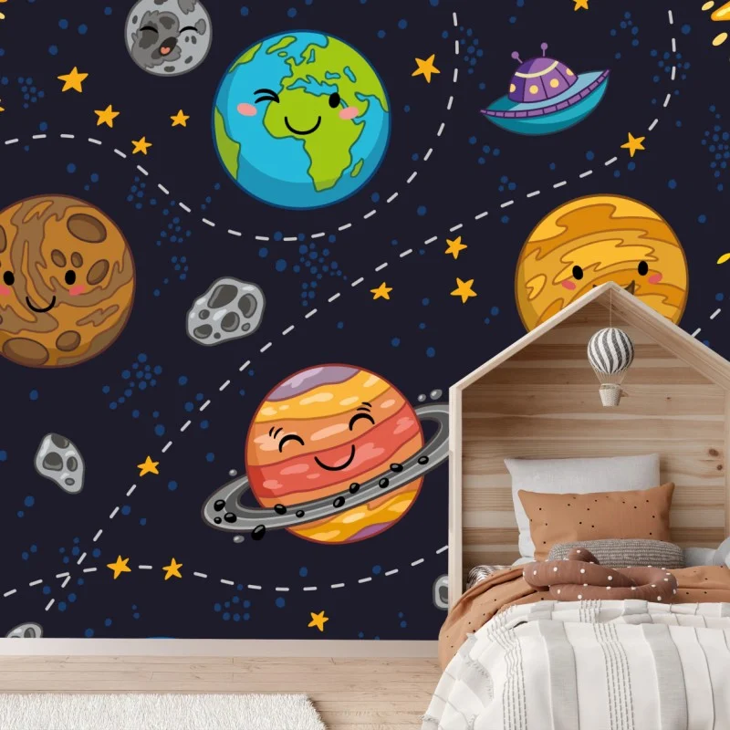 Wall mural smiling planets in playful space pattern