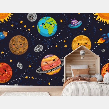 Wall mural smiling planets in playful space pattern • Wallissimo®