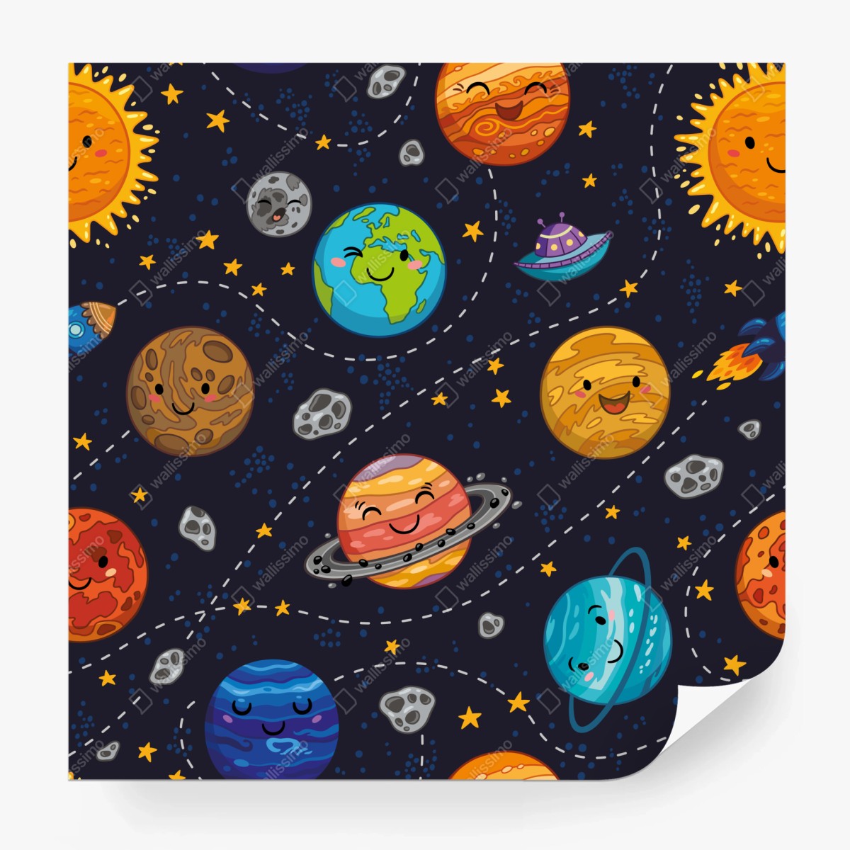 Wall mural smiling planets in playful space pattern • Wallissimo®