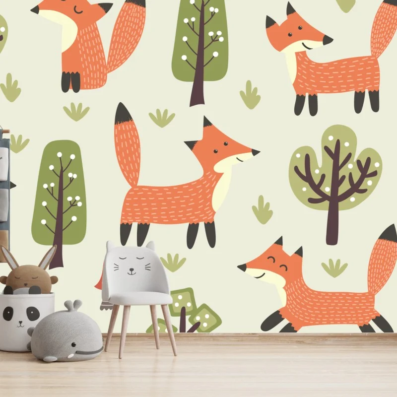 Wall mural playful woodland fox pattern