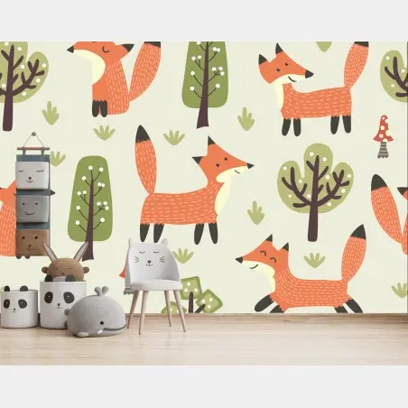 Wall mural playful woodland fox pattern • Wallissimo®