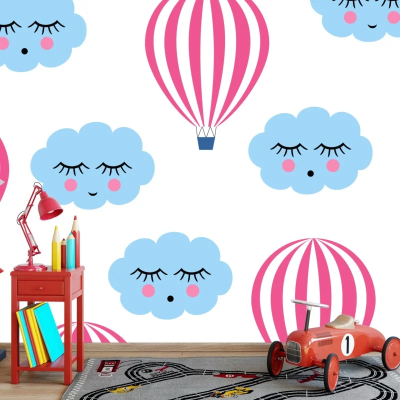 Wall mural pastel clouds and hot air balloons pattern
