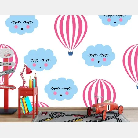 Wall mural pastel clouds and hot air balloons pattern • Wallissimo®