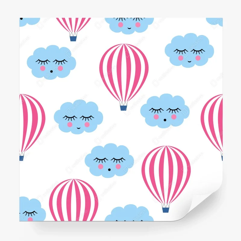 Wall mural pastel clouds and hot air balloons pattern