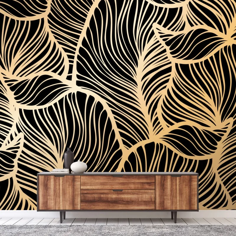 Wall mural golden leaf pattern on black
