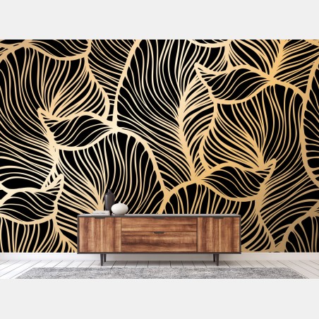 Wall mural golden leaf pattern on black • Wallissimo®