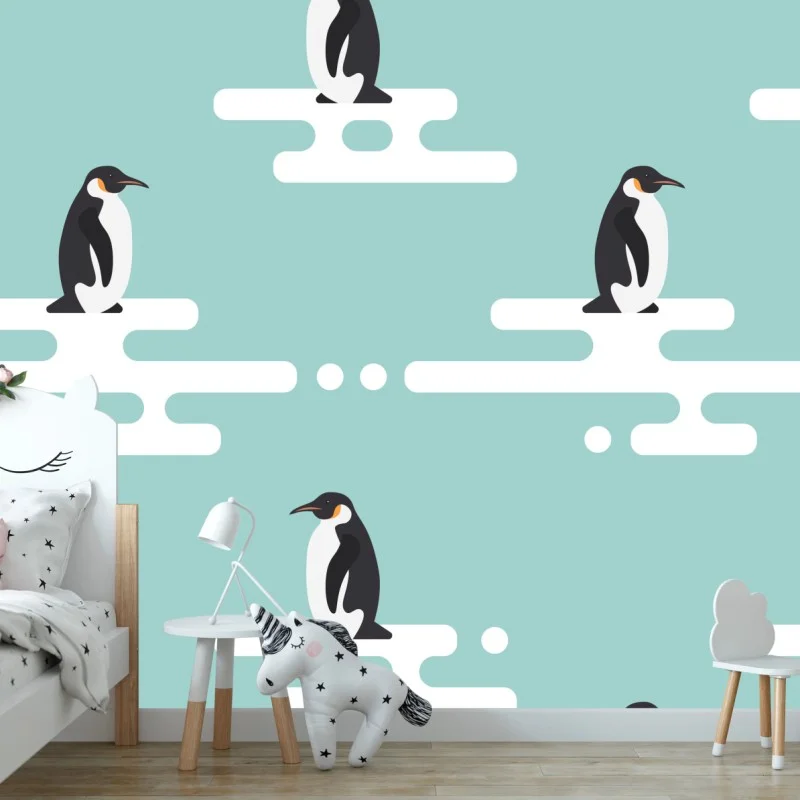 Wall mural cute penguin pattern in pastel turquoise