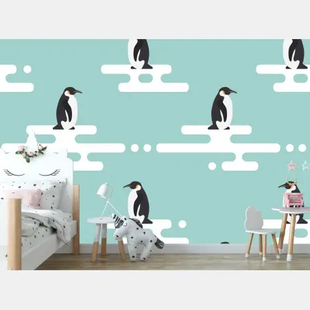 Wall mural cute penguin pattern in pastel turquoise • Wallissimo®