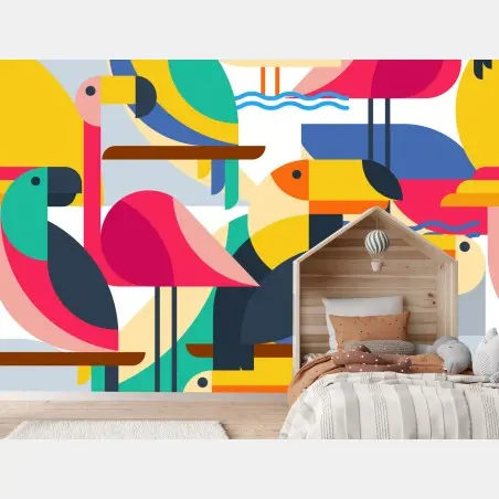 Wall mural tropical geometric birds pattern • Wallissimo®